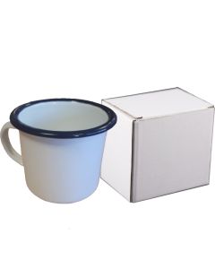 TAZA BLANCA VINTAGE ESMALTADA CON FILO AZUL Y CAJA.