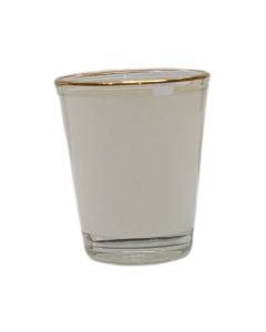 VASO DE CHUPITO 2 oz. CRITAL, CÓNICO, CON BANDA BLANCA Y FILO DORADO.