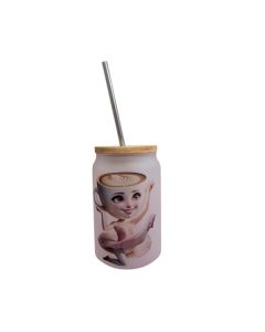 VASO VIDRIO ESMERILADO, FORMA LATA C/TAPA DE BAMBÚ Y PAJITA 400 ML.
